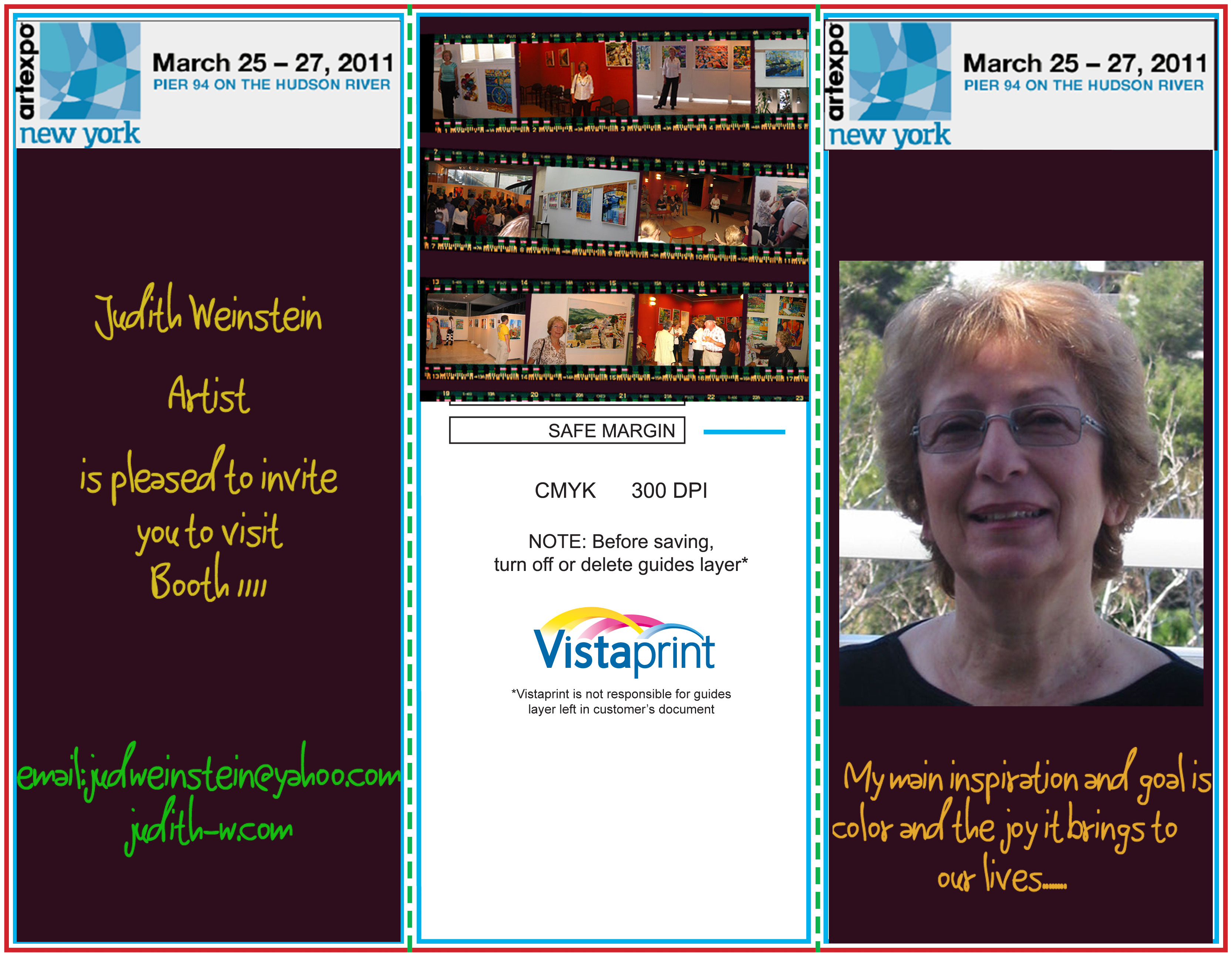 An ArtExpo invitation layout combines event details, artwork photographs and a portrait with visible printing guides.
