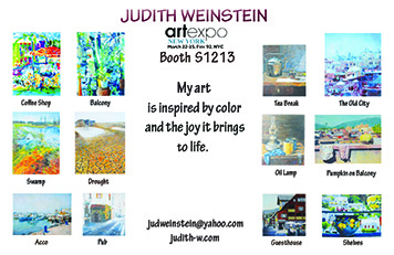 An ArtExpo promotional sheet shows Judith Weinstein's name, booth information and small reproductions of landscapes, cityscapes and still lifes.