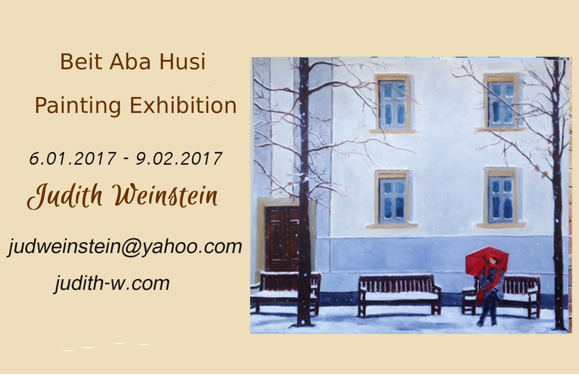 An exhibition invitation shows Judith Weinstein's name, contact details and a snowy street painting featuring a red umbrella.